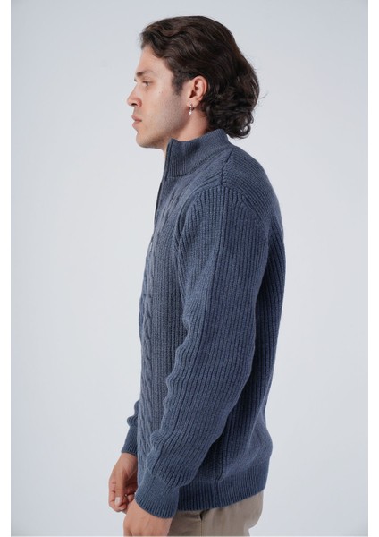 Erkek Lacivert Saç Örgülü Dik Yaka Fermuarlı Yünlü Kazak TRIST-5300 fiyatları