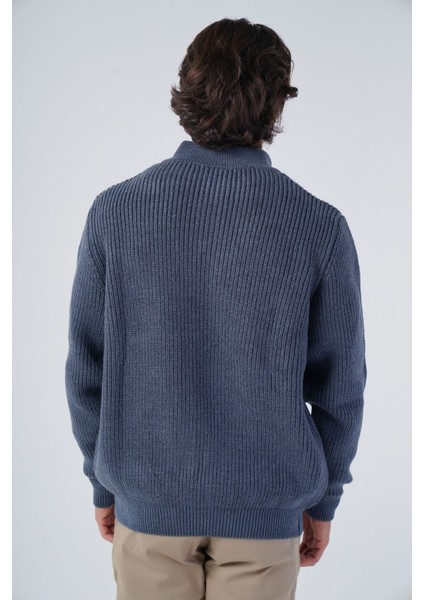 Erkek Lacivert Saç Örgülü Dik Yaka Fermuarlı Yünlü Kazak TRIST-5300 modelleri