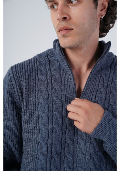 Erkek Lacivert Saç Örgülü Dik Yaka Fermuarlı Yünlü Kazak TRIST-5300 indirimleri