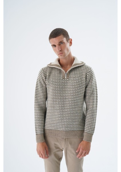 Erkek Vizon Kamyon Yaka Jakarlı Üç Renkli Fermuarlı Yün Triko Örme Kazak TRIST-5340 fiyatları