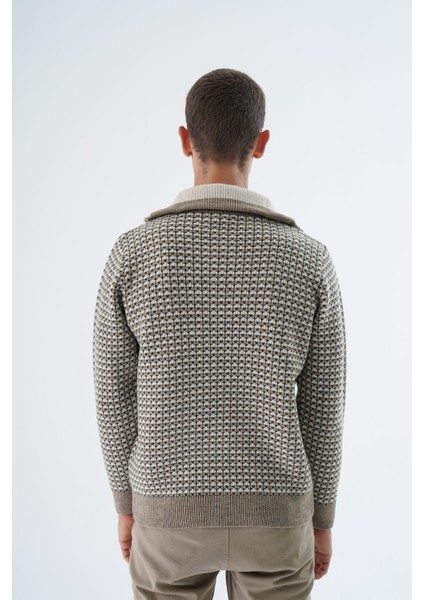 Erkek Vizon Kamyon Yaka Jakarlı Üç Renkli Fermuarlı Yün Triko Örme Kazak TRIST-5340 fırsatları