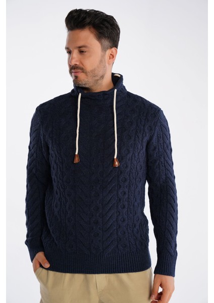 Lacivert Erkek Boru Yaka Saç Örgülü Triko Yün Kazak TRIST-5322