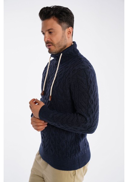 Lacivert Erkek Boru Yaka Saç Örgülü Triko Yün Kazak TRIST-5322 fiyatları