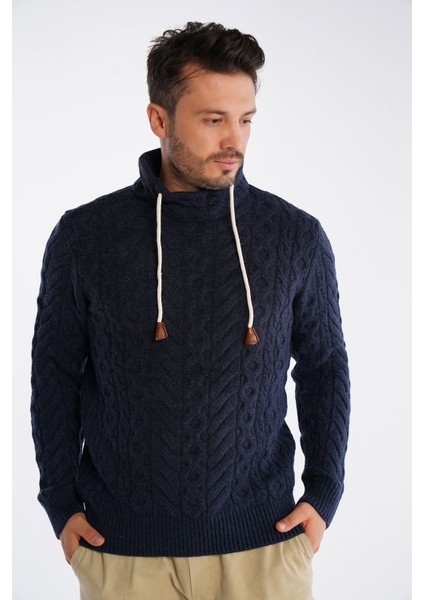 Lacivert Erkek Boru Yaka Saç Örgülü Triko Yün Kazak TRIST-5322 modelleri