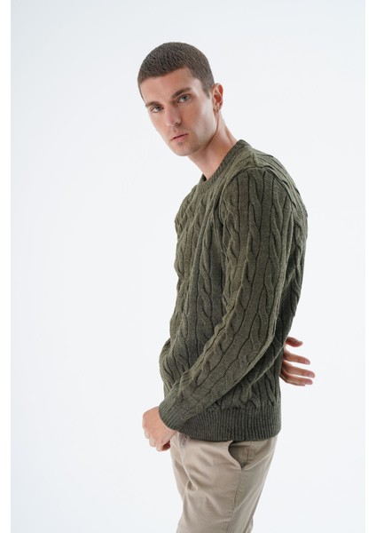Erkek Haki Bisiklet Yaka Saç Örgülü Yün Triko Örme Kazak TRIST-5324 modelleri