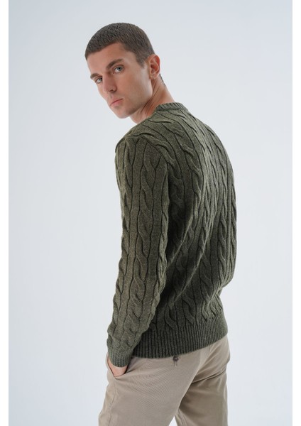 Erkek Haki Bisiklet Yaka Saç Örgülü Yün Triko Örme Kazak TRIST-5324 fırsatları
