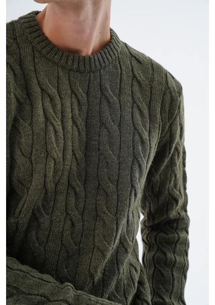 Erkek Haki Bisiklet Yaka Saç Örgülü Yün Triko Örme Kazak TRIST-5324 indirimleri
