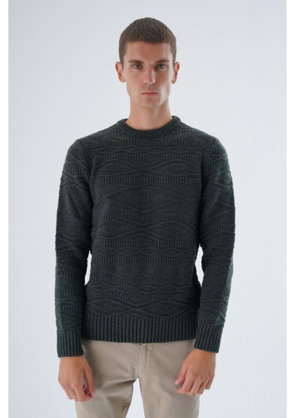 Erkek Haki Bisiklet Yaka Linx Baklava Desenli Yün Triko Örme Kazak TRIST-5332