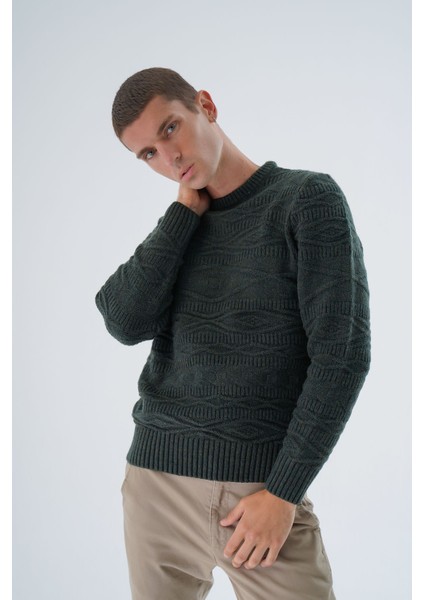 Erkek Haki Bisiklet Yaka Linx Baklava Desenli Yün Triko Örme Kazak TRIST-5332 fiyatları