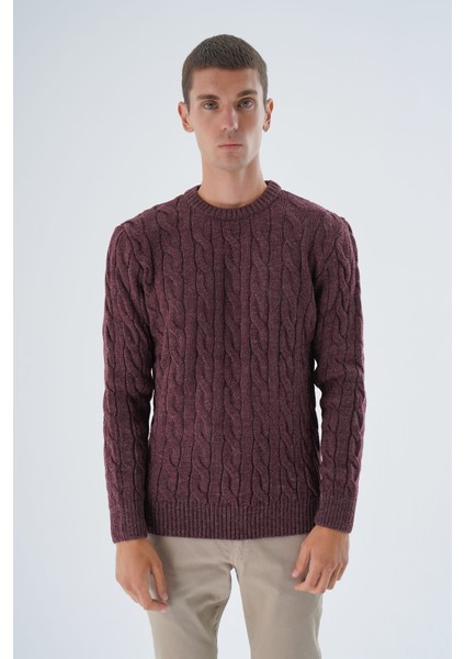 Erkek Bordo Bisiklet Yaka Saç Örgülü Yün Triko Örme Kazak TRIST-5324