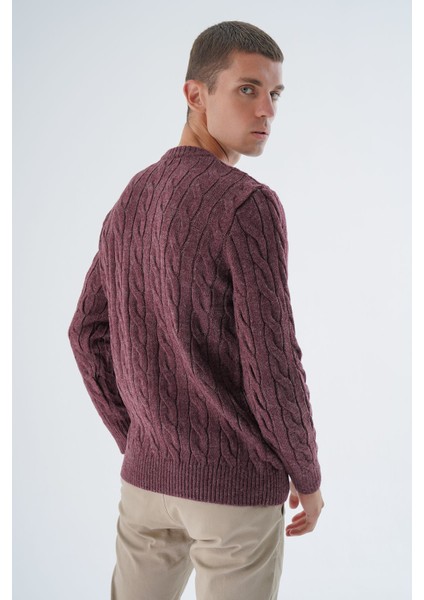 Erkek Bordo Bisiklet Yaka Saç Örgülü Yün Triko Örme Kazak TRIST-5324 modelleri