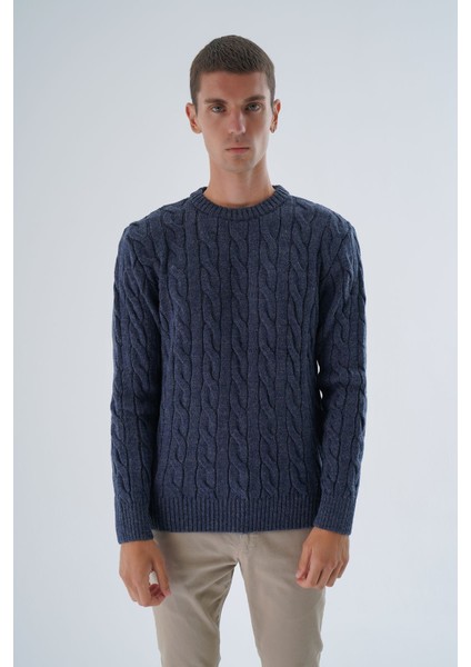 Erkek Lacivert Bisiklet Yaka Saç Örgülü Yün Triko Örme Kazak TRIST-5324