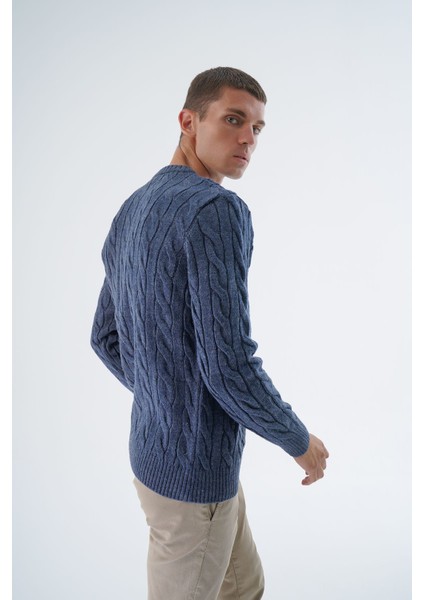 Erkek Lacivert Bisiklet Yaka Saç Örgülü Yün Triko Örme Kazak TRIST-5324 fiyatları