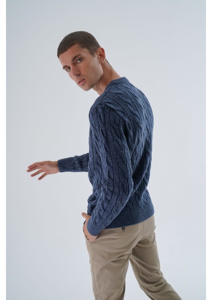 Erkek Lacivert Bisiklet Yaka Saç Örgülü Yün Triko Örme Kazak TRIST-5324 modelleri