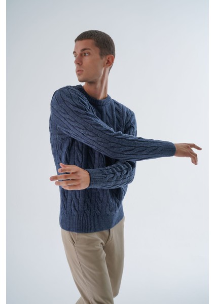 Erkek Lacivert Bisiklet Yaka Saç Örgülü Yün Triko Örme Kazak TRIST-5324 fırsatları