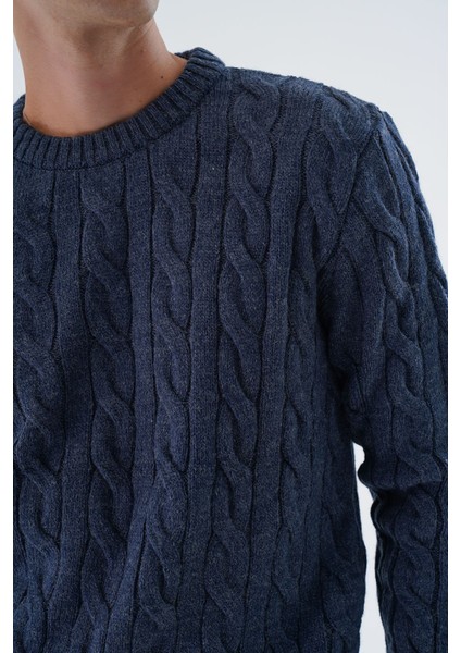Erkek Lacivert Bisiklet Yaka Saç Örgülü Yün Triko Örme Kazak TRIST-5324 indirimleri