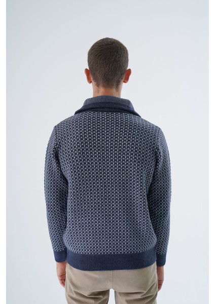 Erkek Lacivert Kamyon Yaka Jakarlı Üç Renkli Fermuarlı Yün Triko Örme Kazak TRIST-5340 modelleri