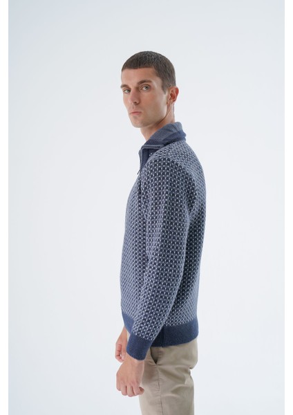 Erkek Lacivert Kamyon Yaka Jakarlı Üç Renkli Fermuarlı Yün Triko Örme Kazak TRIST-5340 fırsatları