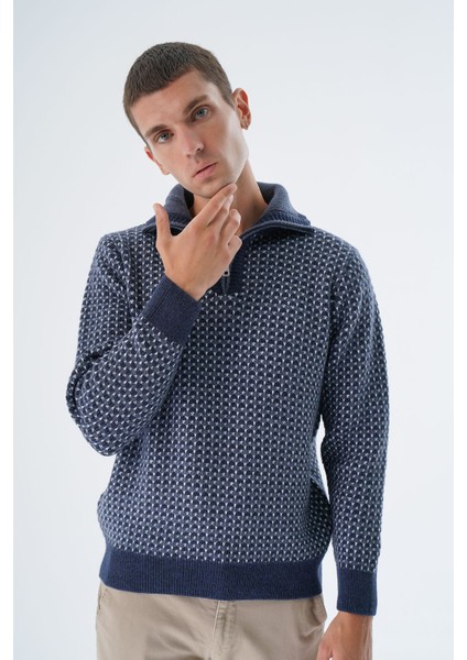 Erkek Lacivert Kamyon Yaka Jakarlı Üç Renkli Fermuarlı Yün Triko Örme Kazak TRIST-5340 indirimleri