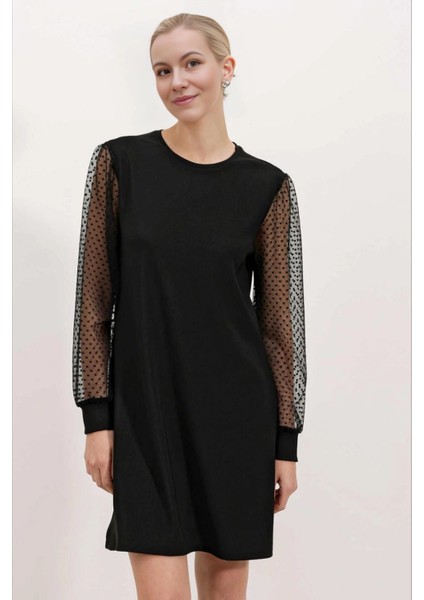 Kadın Siyah Bisiklet Yaka Tül Kollu Mini Elbise HZL24S-BD124671