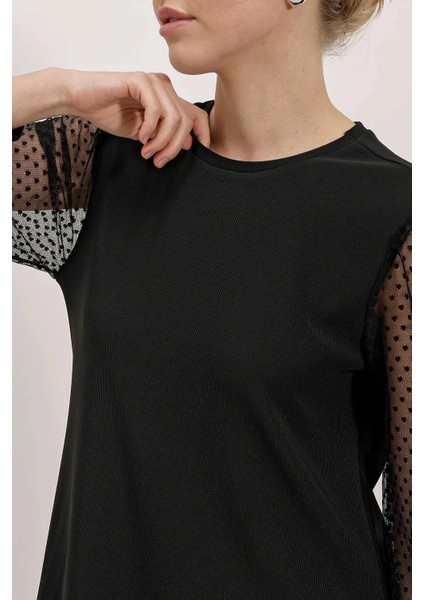 Kadın Siyah Bisiklet Yaka Tül Kollu Mini Elbise HZL24S-BD124671