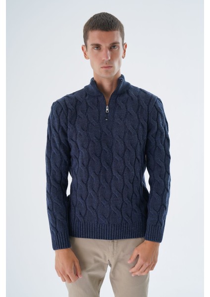 Erkek Lacivert Yarım Balıkçı Fermuarlı Saç Örgülü Yün Triko Örme Kazak TRIST-5339