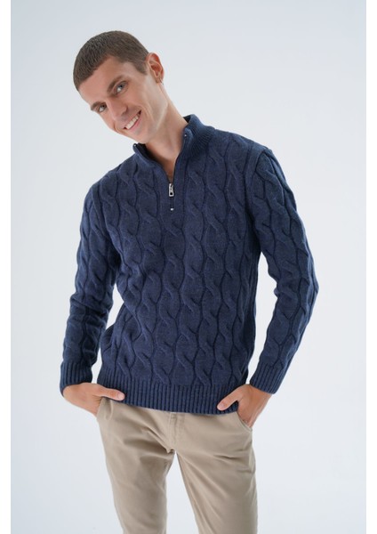 Erkek Lacivert Yarım Balıkçı Fermuarlı Saç Örgülü Yün Triko Örme Kazak TRIST-5339 fiyatları