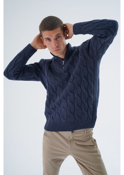 Erkek Lacivert Yarım Balıkçı Fermuarlı Saç Örgülü Yün Triko Örme Kazak TRIST-5339 modelleri