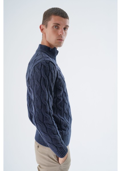 Erkek Lacivert Yarım Balıkçı Fermuarlı Saç Örgülü Yün Triko Örme Kazak TRIST-5339 fırsatları