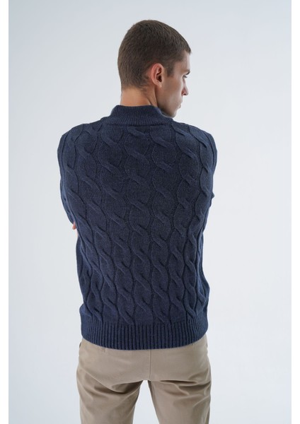 Erkek Lacivert Yarım Balıkçı Fermuarlı Saç Örgülü Yün Triko Örme Kazak TRIST-5339 indirimleri