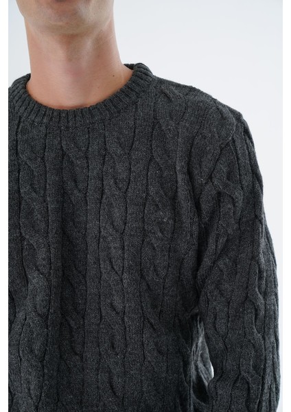 Erkek Antrasit Bisiklet Yaka Saç Örgülü Yün Triko Örme Kazak TRIST-5324 indirimleri