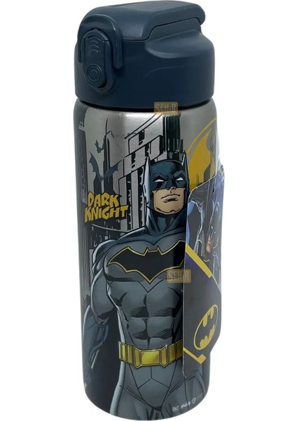 600 ml Batman Lisanslı Pipetli Kilitlenebilir Kapak Paslanmaz Çelik Termos Matara Lacivert Gri