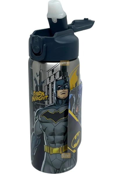 600 ml Batman Lisanslı Pipetli Kilitlenebilir Kapak Paslanmaz Çelik Termos Matara Lacivert Gri