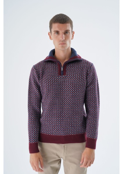 Erkek Bordo Kamyon Yaka Jakarlı Üç Renkli Fermuarlı Yün Triko Örme Kazak TRIST-5340