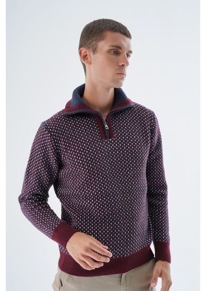 Erkek Bordo Kamyon Yaka Jakarlı Üç Renkli Fermuarlı Yün Triko Örme Kazak TRIST-5340 fiyatları
