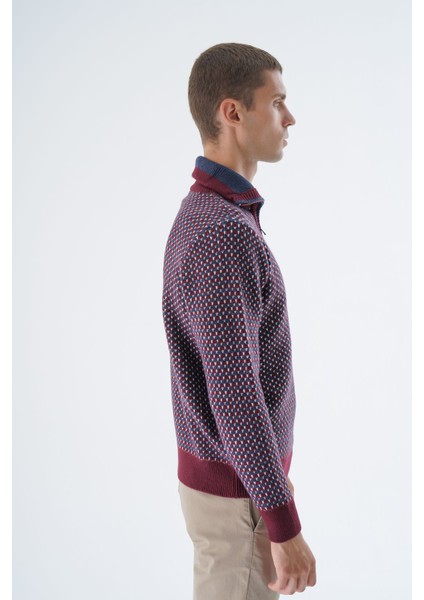 Erkek Bordo Kamyon Yaka Jakarlı Üç Renkli Fermuarlı Yün Triko Örme Kazak TRIST-5340 modelleri