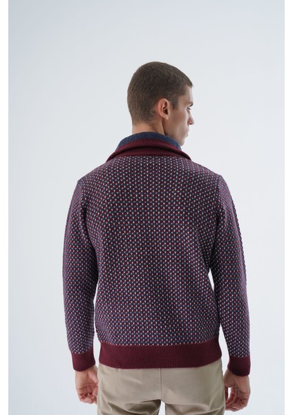 Erkek Bordo Kamyon Yaka Jakarlı Üç Renkli Fermuarlı Yün Triko Örme Kazak TRIST-5340 fırsatları