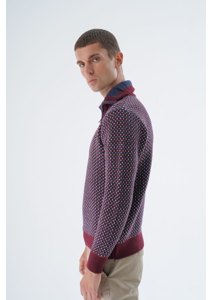 Erkek Bordo Kamyon Yaka Jakarlı Üç Renkli Fermuarlı Yün Triko Örme Kazak TRIST-5340 indirimleri