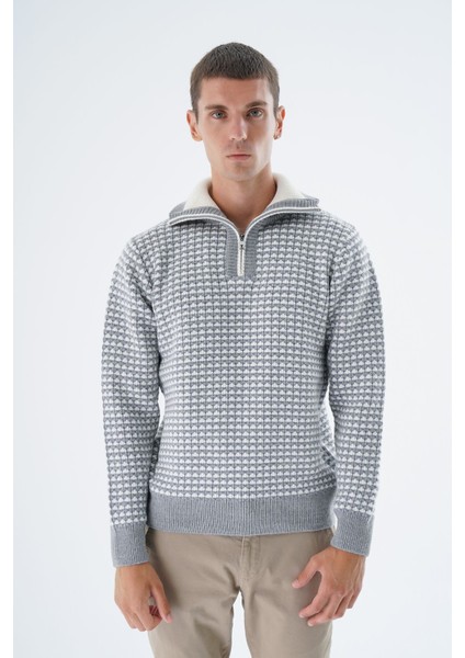 Erkek Gri Kamyon Yaka Jakarlı Üç Renkli Fermuarlı Yün Triko Örme Kazak TRIST-5340