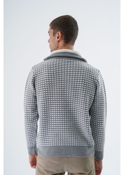 Erkek Gri Kamyon Yaka Jakarlı Üç Renkli Fermuarlı Yün Triko Örme Kazak TRIST-5340 fırsatları