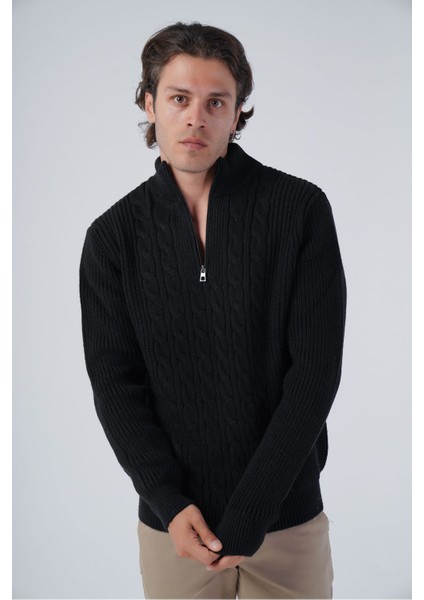 Erkek Siyah Saç Örgülü Dik Yaka Fermuarlı Yünlü Kazak TRIST-5300