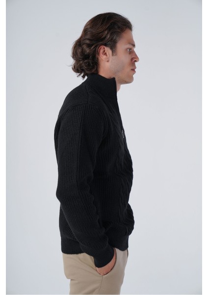 Erkek Siyah Saç Örgülü Dik Yaka Fermuarlı Yünlü Kazak TRIST-5300 fiyatları