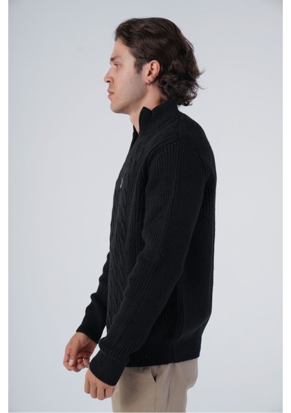 Erkek Siyah Saç Örgülü Dik Yaka Fermuarlı Yünlü Kazak TRIST-5300 fırsatları