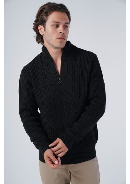 Erkek Siyah Saç Örgülü Dik Yaka Fermuarlı Yünlü Kazak TRIST-5300 indirimleri