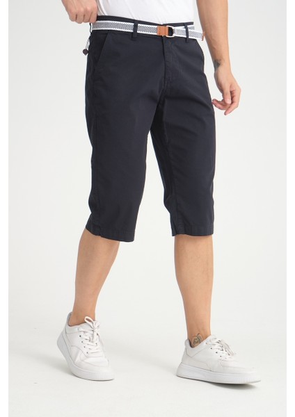 Erkek Lacivert Diz Altı Likralı Bermuda Kemer Hediyelii Kapri Uzun Şort