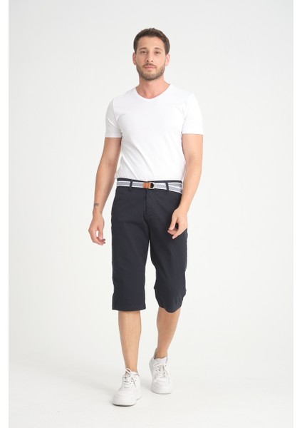 Erkek Lacivert Diz Altı Likralı Bermuda Kemer Hediyelii Kapri Uzun Şort fırsatları