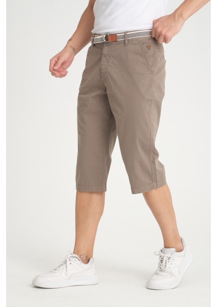 Erkek Gri Diz Altı Likralı Bermuda Kemer Hediyelii Kapri Uzun Şort