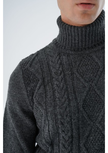 Erkek Antrasit Balıkçı Yaka Yürütme Saç Örgülü Yün Triko Örme Kazak TRIST-5336 modelleri