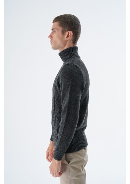 Erkek Antrasit Balıkçı Yaka Yürütme Saç Örgülü Yün Triko Örme Kazak TRIST-5336 indirimleri