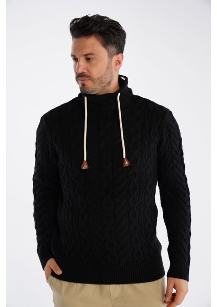 Siyah Erkek Boru Yaka Saç Örgülü Triko Yün Kazak TRIST-5322